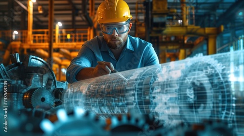 The machinery engineer, holding a blueprint in hand, stands amidst a double exposure of complex gear systems and industrial machinery
