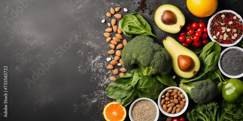 On a sleek gray concrete backdrop, a variety of healthy foods like fruits, veggies, seeds, superfoods, grains, and leafy greens are carefully arranged, promoting clean eating