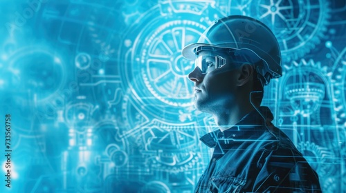 The machinery engineer, holding a blueprint in hand, stands amidst a double exposure of complex gear systems and industrial machinery