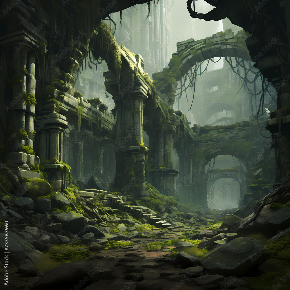Ancient ruins with vines and moss-covered stones.