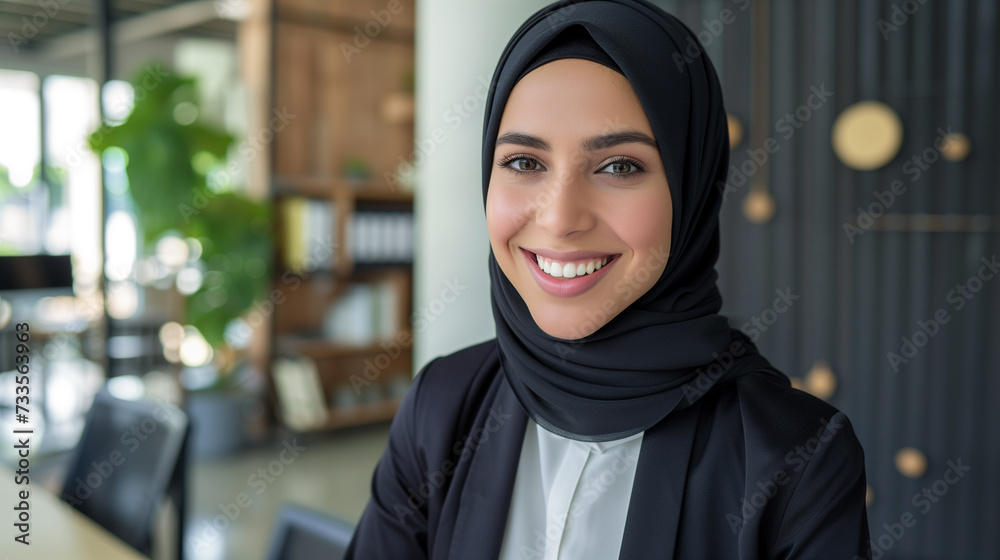 Confident professional woman in hijab smiling in office setting with copy space Confident professional woman in hijab smiling in office setting with copy space