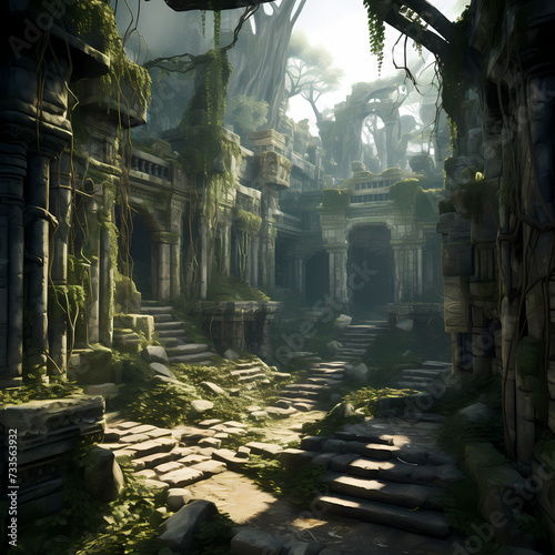 Ancient ruins with vines and moss-covered stones.