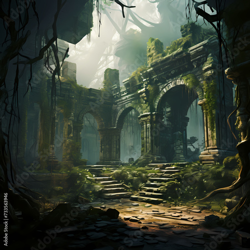 Ancient ruins with vines and moss-covered stones.