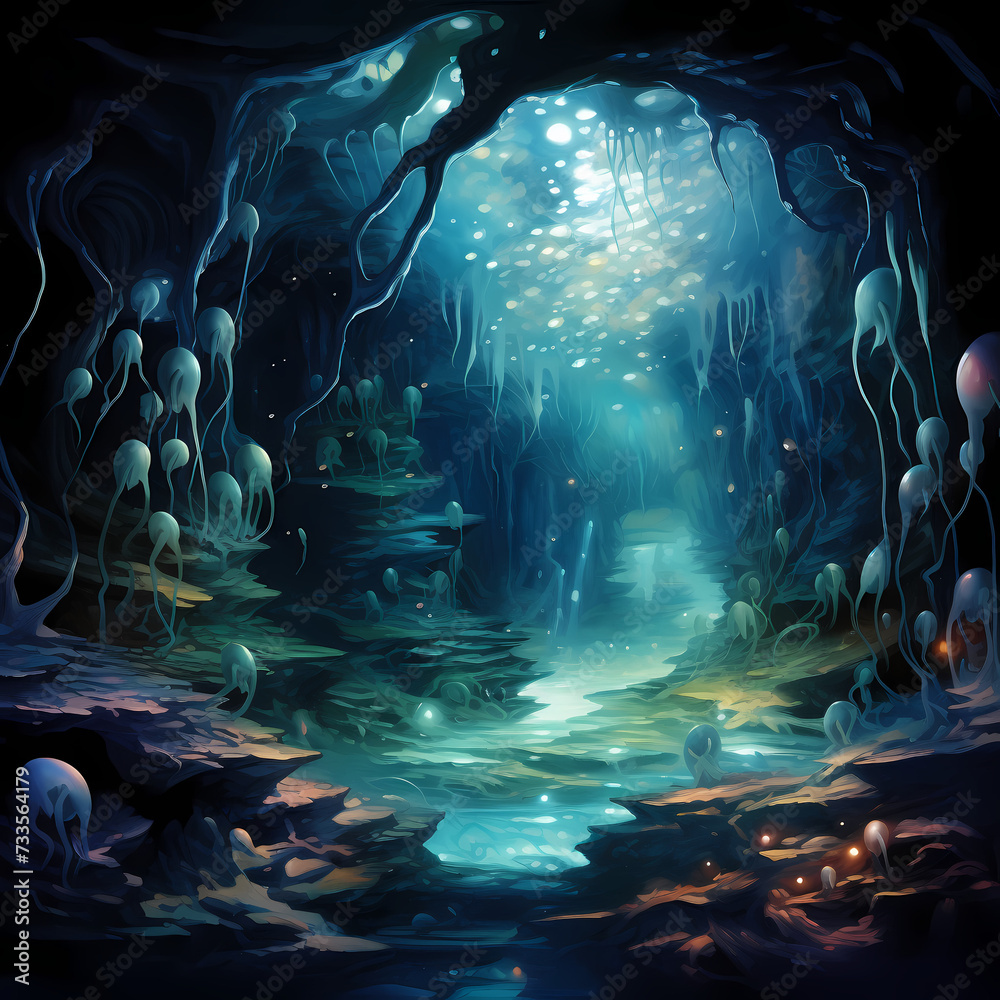 Bioluminescent creatures in a mystical underwater cave.