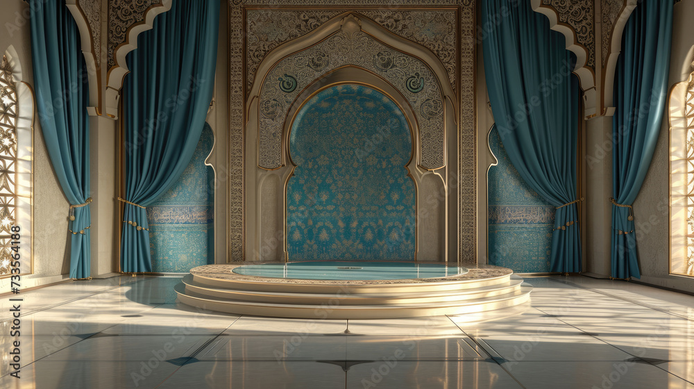 Empty round podium with luxurious Islamic background decorated with Arabic rugs. Ramadan celebration concept