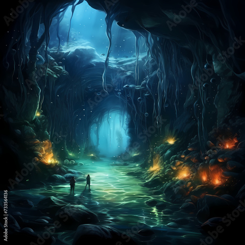 Bioluminescent creatures in a mystical underwater cave.