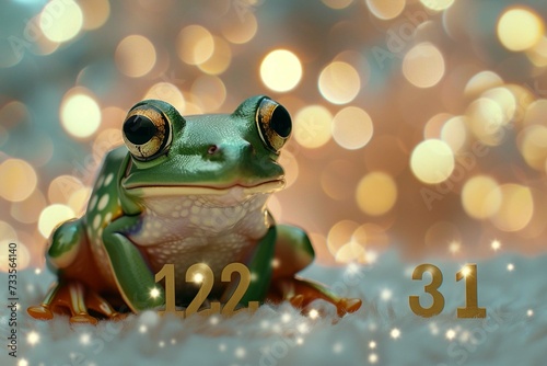 Leap day, one extra day, Leap year 29 February 2024 greeting card. Cute Green Frog Posing with 2024 Numbers on bokeh background. 