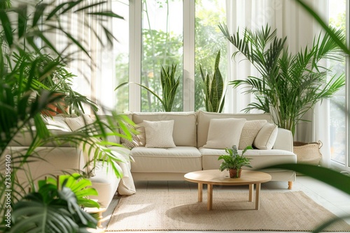 Minimal living room with indoor plants. Bright authentic home interior. Home gardening and biophilic design  © Hassan