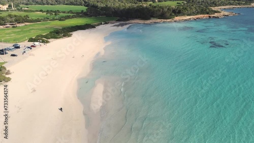 Wallpaper Mural Aerial view of a serene turquoise sea gently lapping onto a sandy beach with a green coastline, slow motion aerial view from drone, of a natural paradise beach in the mediterranean, with crystal Torontodigital.ca