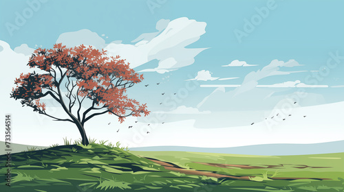 Serene Landscape with Blossoming Tree and Flying Birds