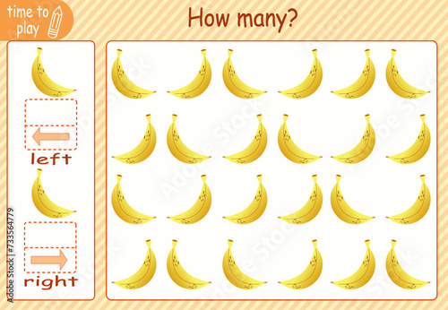 children's educational game, tasks. count how many elements will be placed on the right and how many on the left. banana. fruit