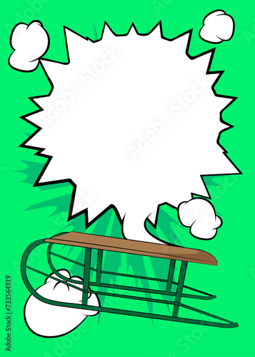 Cartoon Sled with blank speech bubble, comic book Toboggan background. Retro vector comics pop art design.