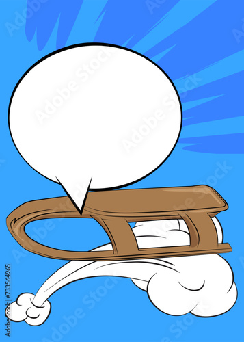 Cartoon Sled with blank speech bubble, comic book Toboggan background. Retro vector comics pop art design.
