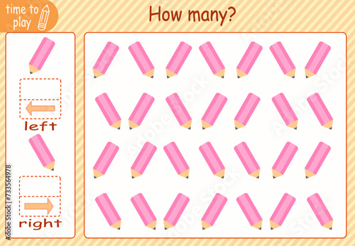 children's educational game, tasks. count how many elements will be placed on the right and how many on the left. pencil