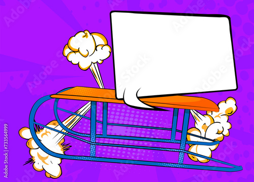 Cartoon Sled with blank speech bubble, comic book Toboggan background. Retro vector comics pop art design.