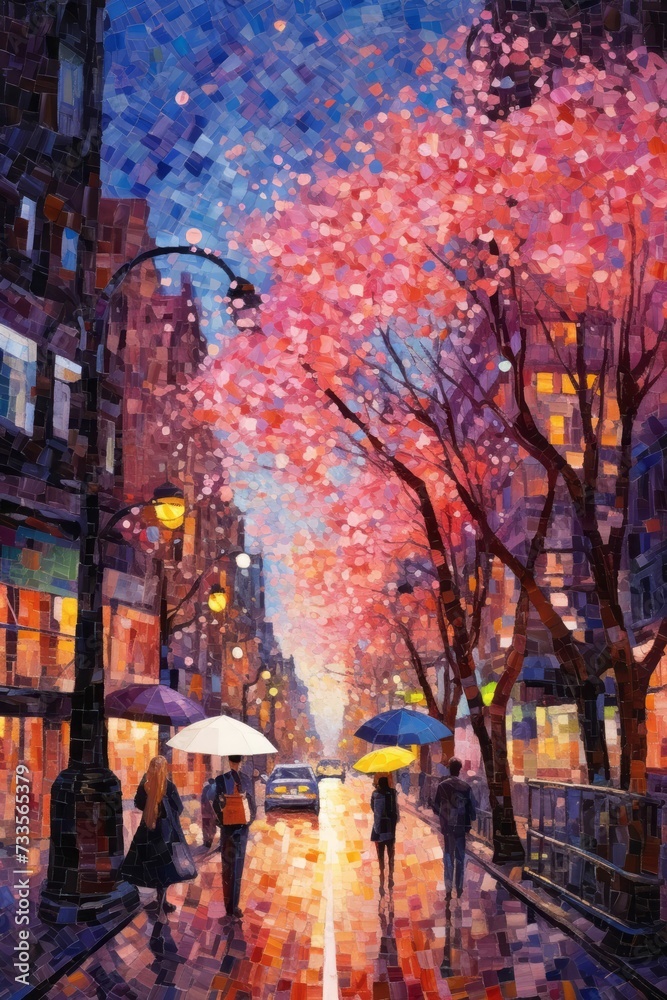 Obraz premium Illustration of beautiful city at night by mosaic paint style Created with Generative AI technology.