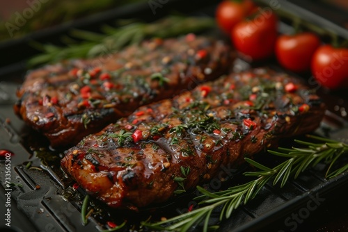 Grilled steaks seasoned with herbs, top view