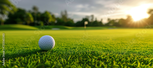 Wallpaper Mural Panoramic view of a golf ball resting on a perfectly manicured, lush green lawn, surrounded by the tranquil beauty of a golf course, providing ample copy space for text and design elements. Torontodigital.ca