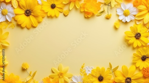 A composition of flowers. Flowers on a yellow background. The concept of spring, summer, top view, space for text. © Cherkasova Alie