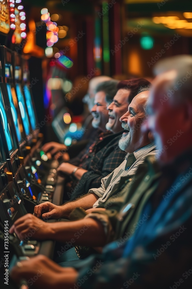 Group of elderly men gambling at a bank of slot machines having fun, laughing and playing in the casino with enthusiasm. Grandpa addicted