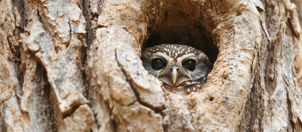 A nest hole houses a concealed spotted owlet. A nest hole houses a concealed spotted owlet.