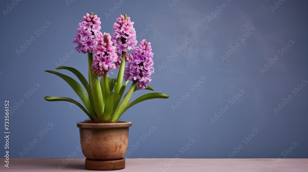 Purple hyacinth flowers grow in a pot. A delicate, beautiful spring flower. A fragrant, lush flower. The concept of spring, Women's Day.