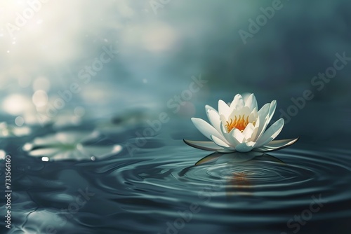 Serene and minimalist scene capturing a single lotus flower floating on the surface of calm, still water. Peace and meditation atmosphere