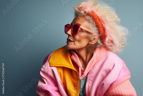 Portrait of a beautiful senior woman in a pink jacket and sunglasses.