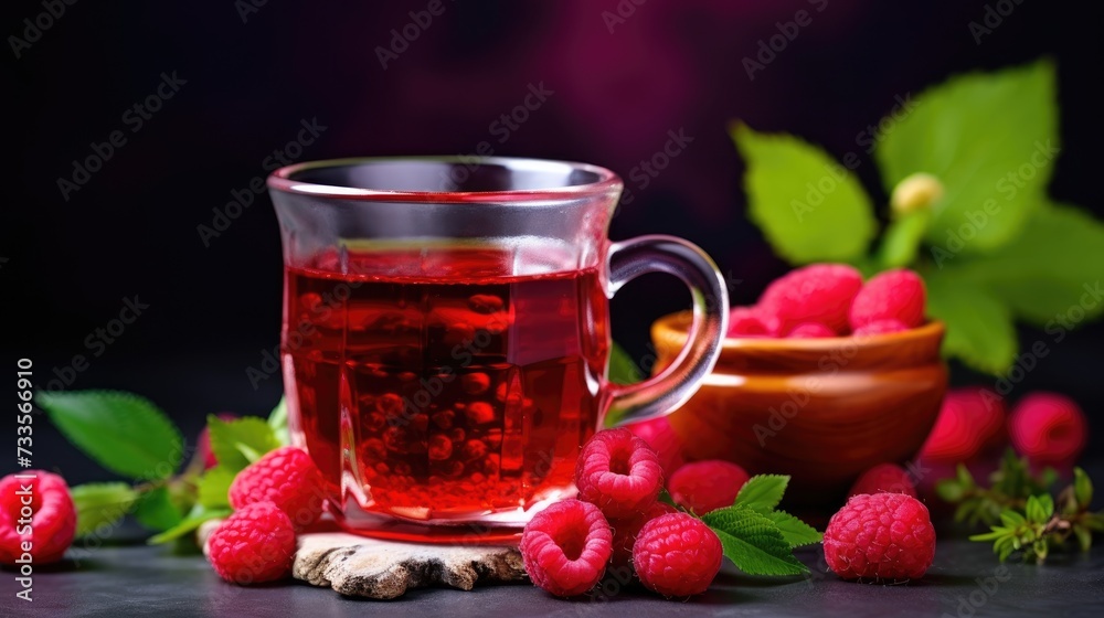 Hot fruit tea with raspberries in glass cups on the table. A healthy hot drink. Alternative medicine. A decoction of raspberries, rich in vitamins. Hot fruit tea with raspberries in glass cups on the table. A healthy hot drink. Alternative medicine. A decoction of raspberries, rich in vitamins.