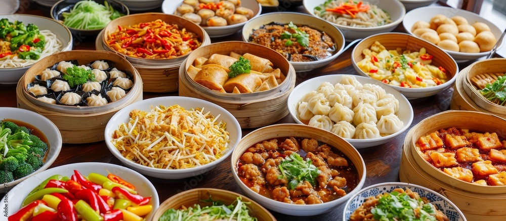 A variety of Chinese dishes like dim sums, hot and sour soup, quick noodles, Szechwan chilly chicken, spring rolls, stir-fried egg with rice, fried rice with chicken and vegetables, and sweet corn A variety of Chinese dishes like dim sums, hot and sour soup, quick noodles, Szechwan chilly chicken, spring rolls, stir-fried egg with rice, fried rice with chicken and vegetables, and sweet corn