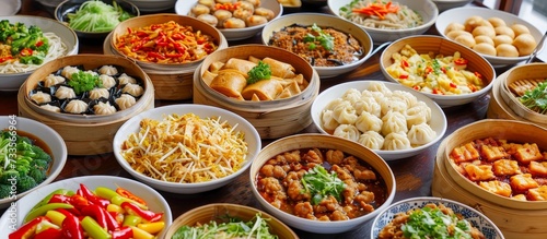 A variety of Chinese dishes like dim sums, hot and sour soup, quick noodles, Szechwan chilly chicken, spring rolls, stir-fried egg with rice, fried rice with chicken and vegetables, and sweet corn