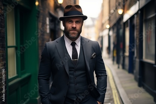 Portrait of a bearded man wearing a hat and coat in the city © Iigo
