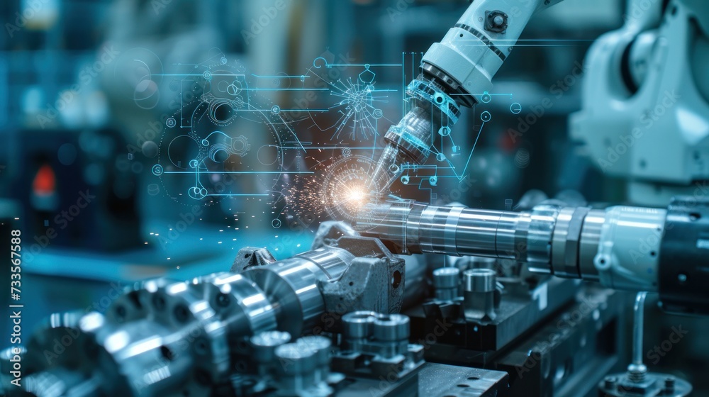 Advanced AI robotic arm meticulously shaping a metal piece on lathe machinery