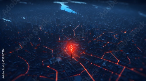 A glowing red marker stands out on the digital map, marking your destination 