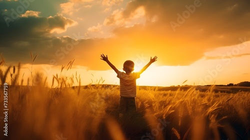 A little boy raises his hands above the sunset sky, enjoying life and nature. Happy kid on a summer field looking at the sun. Silhouette of a male child in the sun. Fresh air, environment concept. photo