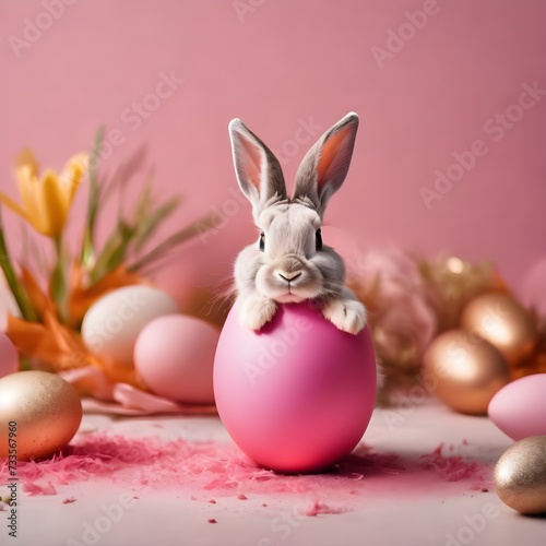 Cute Easter bunny hatching from pink Easter egg isolated on pastel pink background with copy space, Happy Easter banner with adorable rabbit.