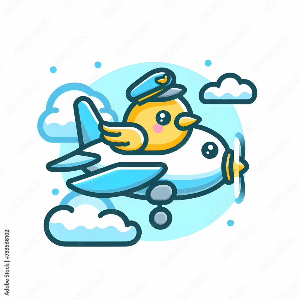 Obraz premium flat logo of Cute bird riding airplane cartoon illustration animal transportation isolated