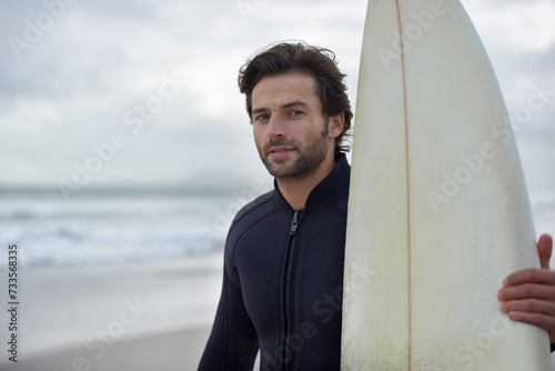 Photography Man, portrait and surfer on beach for fitness, sport or waves on shore in outdoor exercise