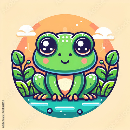 flat logo of Cute frog cartoon vector icon illustration. animal nature icon concept isolated premium vector