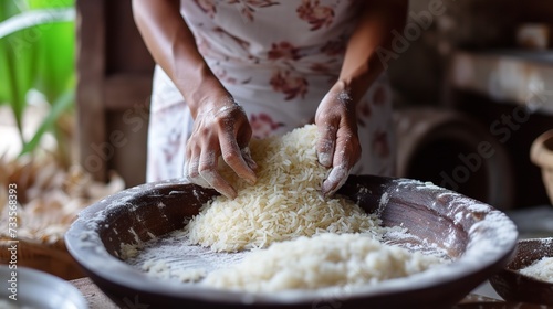 Using a constructed by hand kitchen, making rice without boiling by hand with space, Generative AI.