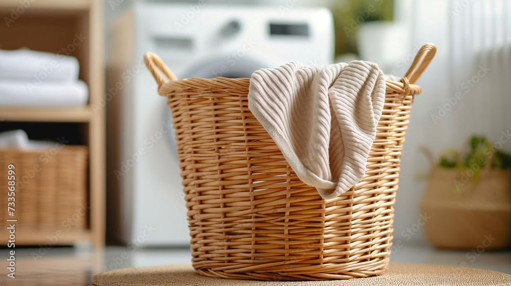 Laundry basket on the background of the washing machine