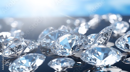 Brilliant cut diamonds sparkle intensely  scattered on a reflective surface with a soft focus on the background  highlighting the gem s exquisite facets and clarity.