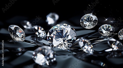 Brilliant cut diamonds sparkle intensely, scattered on a reflective surface with a soft focus on the background, highlighting the gem's exquisite facets and clarity.