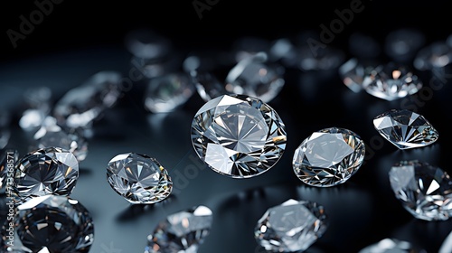Brilliant cut diamonds sparkle intensely, scattered on a reflective surface with a soft focus on the background, highlighting the gem's exquisite facets and clarity.