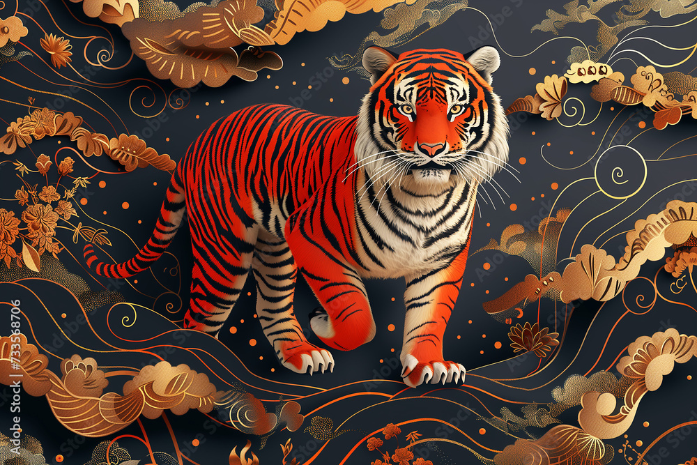 Beautiful tiger portrait with Chinese festival background.