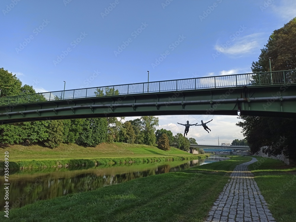 OSTRAVA, Czech Republic - August 16, 2023: Bridges on the Ostravice River