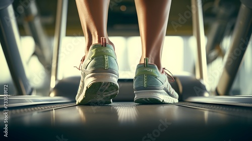 Close-up of a woman's feet on the treadmill, training in the gym or at home 