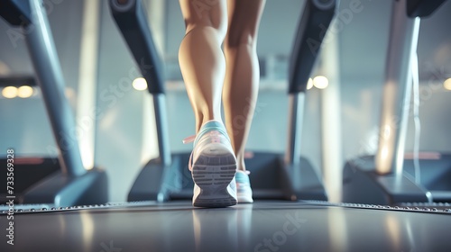 Close-up of a woman's feet on the treadmill, training in the gym or at home  © Ziyan Yang