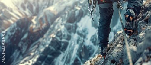 A mountaineer climbing a steep, rocky slope against a mountain backdrop Generative AI photo
