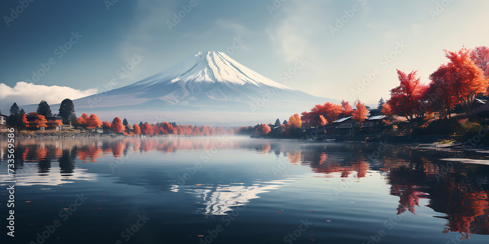 Fuji Mountain and Lake Kawaguchiko in Japan. 3d rendering
